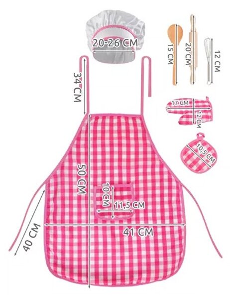 Set de gatit pentru copii, 7 elemente, sort, boneta, ustensile, tinuta completa Chef