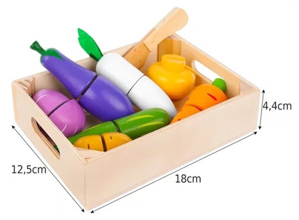 Ladita cu legume de taiat, 9 elemente din lemn, reconectare cu velcro, multicolor