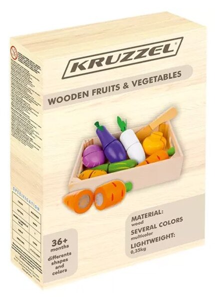Ladita cu legume de taiat, 9 elemente din lemn, reconectare cu velcro, multicolor