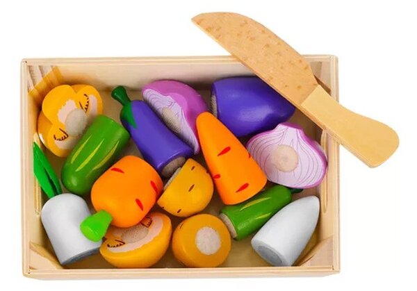 Ladita cu legume de taiat, 9 elemente din lemn, reconectare cu velcro, multicolor