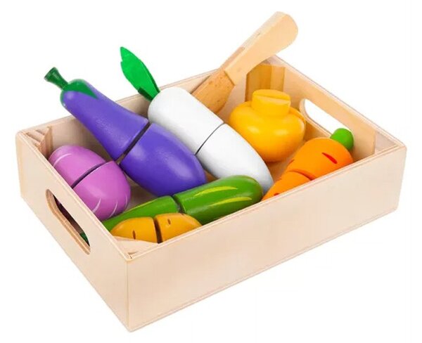 Ladita cu legume de taiat, 9 elemente din lemn, reconectare cu velcro, multicolor
