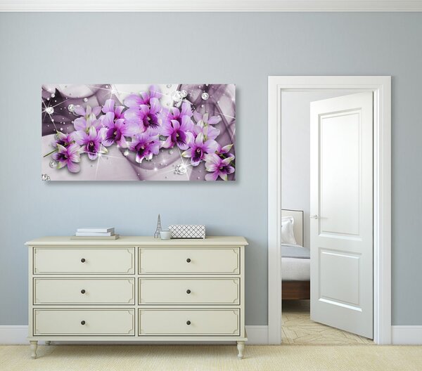 Tablou flori violete pe fundal abstract