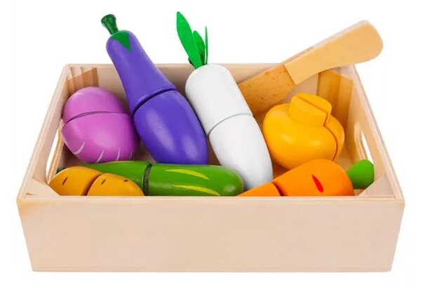 Ladita cu legume de taiat, 9 elemente din lemn, reconectare cu velcro, multicolor