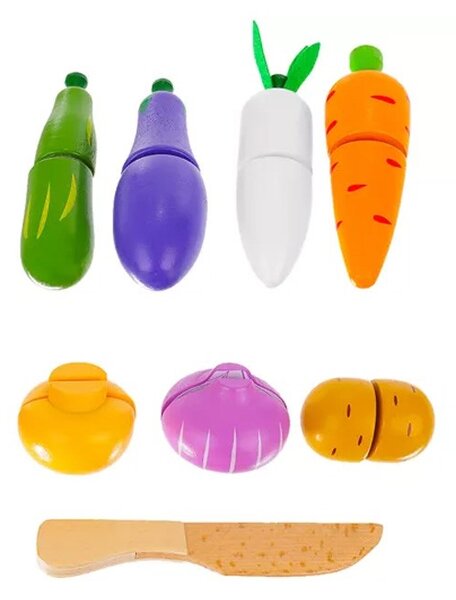 Ladita cu legume de taiat, 9 elemente din lemn, reconectare cu velcro, multicolor