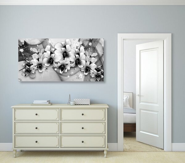 Tablou flori pe fundal abstract alb-negru