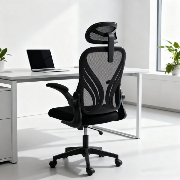 HOMCOM Scaun de Birou Ergonomic cu Brațe Rabatabile și Spătar Pliabil, Scaun de Birou cu Funcție Balansoar, Tetieră Reglabilă, Șezut Rotativ, Negru | Aosom Romania