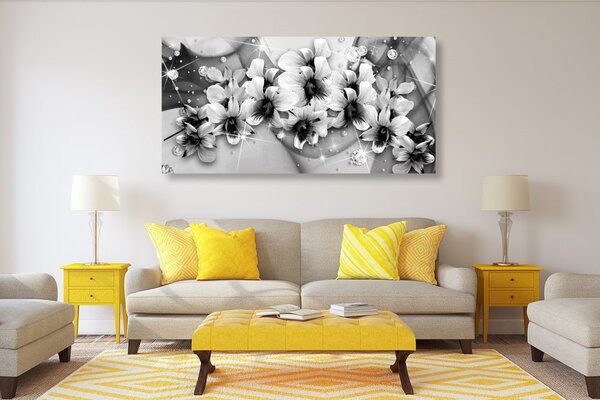 Tablou flori pe fundal abstract alb-negru