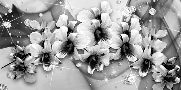 Tablou flori pe fundal abstract alb-negru