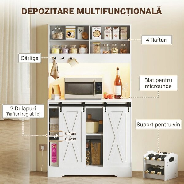 HOMCOM Servantă de Bucătărie Rustică 180 cm, Dulap cu Priză de Alimentare, Lumini LED, Suport pentru Sticle, Suprafață pentru Cuptor cu Microunde, Rafturi Deschise, Uși Glisante, Orificiu pentru Cabluri, Alb | Aosom Romania