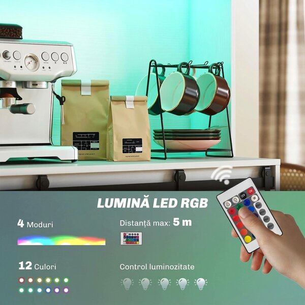 HOMCOM Servantă de Bucătărie Rustică 180 cm, Dulap cu Priză de Alimentare, Lumini LED, Suport pentru Sticle, Suprafață pentru Cuptor cu Microunde, Rafturi Deschise, Uși Glisante, Orificiu pentru Cabluri, Alb | Aosom Romania