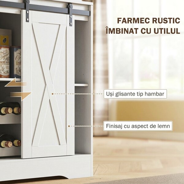 HOMCOM Servantă de Bucătărie Rustică 180 cm, Dulap cu Priză de Alimentare, Lumini LED, Suport pentru Sticle, Suprafață pentru Cuptor cu Microunde, Rafturi Deschise, Uși Glisante, Orificiu pentru Cabluri, Alb | Aosom Romania