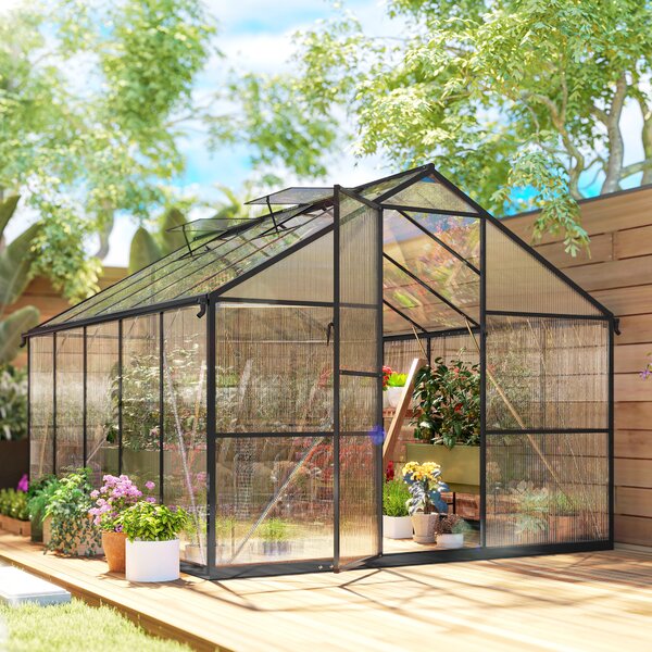Seră de grădină Outsunny din aluminiu și policarbonat, 7,5㎡, cu ușă cu balamale, 2 ferestre reglabile, sistem de drenaj, anti-UV, 304x247x205cm, negru | Aosom Romania