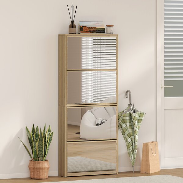 HOMCOM Dulap pentru Încălțăminte Slim cu 4 Uși și Oglindă 63x17x146 cm Culoare Lemn | Aosom Romania