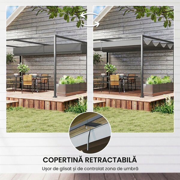 Outsunny Pergolă Gazebo 4x3 m cu Acoperiș Retractabil, Orificii de Drenaj, Țepușe și Șuruburi, Pergolă pentru Grădină din Poliester și Metal, Gri Închis | Aosom Romania