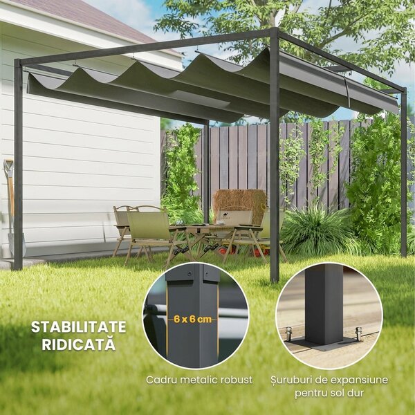 Outsunny Pergolă Gazebo 4x3 m cu Acoperiș Retractabil, Orificii de Drenaj, Țepușe și Șuruburi, Pergolă pentru Grădină din Poliester și Metal, Gri Închis | Aosom Romania