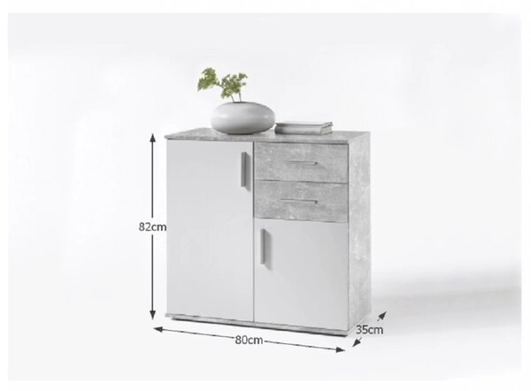 Comoda POPPY 4, alb/gri ciment, PAL melaminat, 80x35x82 cm