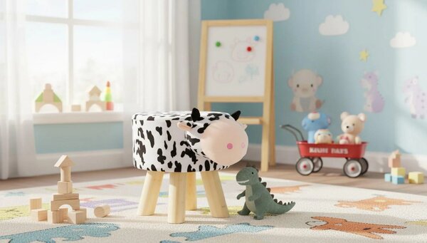 Taburet MOLLY, alb/negru, material textil/lemn, 47x28x31 cm