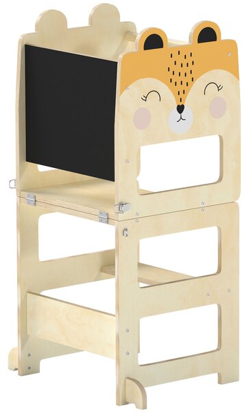 Turn Montessori AIYAPLAY pentru Copii 2-5 Ani cu Tablă și Măsuță, Scăunel pentru Copii din Placaj, 57x39x93 cm, Culoare Lemn | Aosom Romania