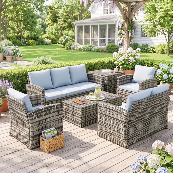 Outsunny Set de mobilier de gradina din ratan de 6 piese, canapea si 2 fotolii tapitate pentru 7 persoane, bej | Aosom Romania
