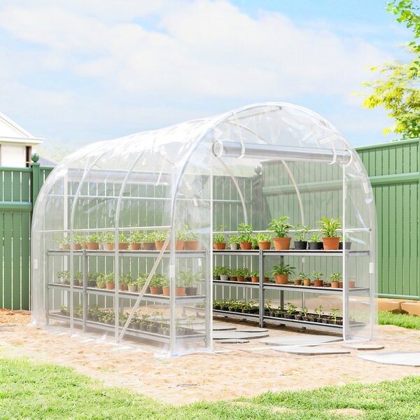 Outsunny Seră de Grădină Tip Tunel 2x3x2 m cu 2 Uși Rulabile, Seră pentru Legume, Flori și Fructe, cu 4 Bare Diagonale, Cadru din Oțel și Acoperiș PE, Transparentă | Aosom Romania