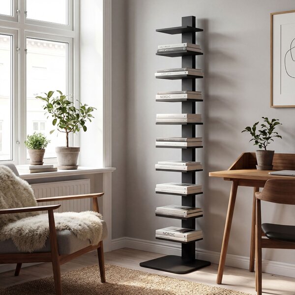 HOMCOM Bibliotecă Verticală înaltă cu 11 Rafturi, Bibliotecă Economisitoare de Spațiu Slim, Raft Industrial pentru Living, Dormitor, Birou, 34.5x41.5x163.5 cm, Negru | Aosom Romania