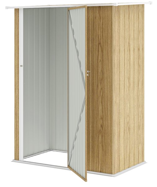 Outsunny Căsuță pentru Grădină 1.07m² din Oțel Galvanizat, Căsuță pentru Unelte cu Ușă Blocabilă, Acoperiș Înclinat, 142x86x189 cm, Imitatie Lemn | Aosom Romania
