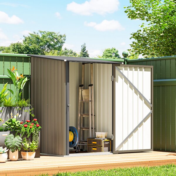 Outsunny Căsuță de Grădină 0.92m² din Oțel Galvanizat, Căsuță pentru Unelte cu Ușă Blocabilă și Acoperiș Înclinat, 100x104x160 cm, Maro și Gri Închis | Aosom Romania