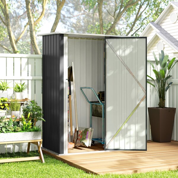 Outsunny Căsuță de Grădină 1.07m² din Oțel Zincat, Adăpost pentru Unelte cu Ușă Blocabilă, Acoperiș Înclinat, 142x86x189 cm, Gri Închis | Aosom Romania