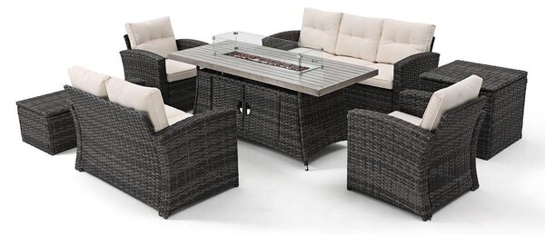 Set mobilier de grădină din ratan AVENBERG MONOPOLI cu vatră de foc pe gaz integrată și două lăzi de depozitare