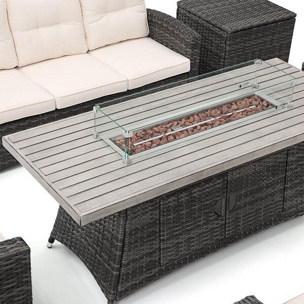 Set mobilier de grădină din ratan AVENBERG MONOPOLI cu vatră de foc pe gaz integrată și două lăzi de depozitare
