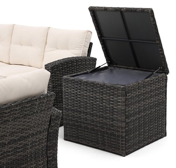 Set mobilier de grădină din ratan AVENBERG MONOPOLI cu vatră de foc pe gaz integrată și două lăzi de depozitare