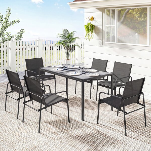 Outsunny Set de Prânz pentru Exterior, 7 Piese pentru 6 Persoane, Masă cu Efect de Lemn și Scaune cu Șezut Respirabil, Set Mobilier de Grădină cu Cadru din Oțel Galvanizat, Negru | Aosom Romania