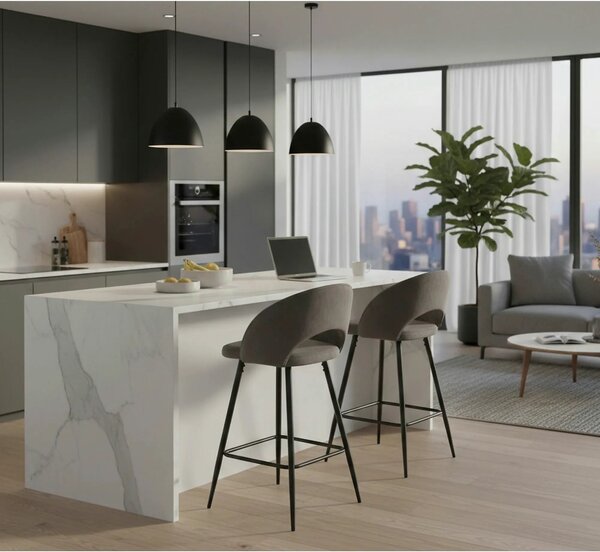 Scaun bar H96, gri/negru, stofa/otel, 48x49x89 cm