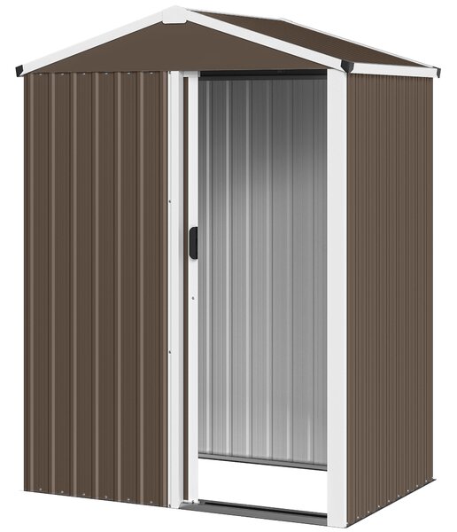 Outsunny Magazie de Grădină 1.1m² din Oțel Galvanizat, Capannă de Grădină cu Ușă Glisantă Blocabilă, Acoperiș Înclinat, Mănuși, Magazie pentru Unelte, 136x87x179 cm, Maro | Aosom Romania