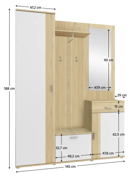 Mobilier hol AMALIA, stejar sonoma/alb, PAL, 145x29x188 cm