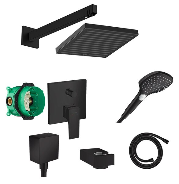 Set de duș, Hansgrohe, cu baterie Metropol, pălărie Pulsify E 260 și pară de duș, cot racord și furtun, negru mat