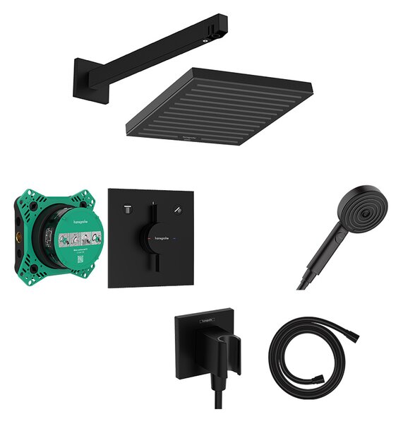 Set de duș, Hansgrohe, cu baterie DuoTurn E, iBox 2, pălărie Pulsify E 260 și pară de duș, cot racord și furtun, negru mat