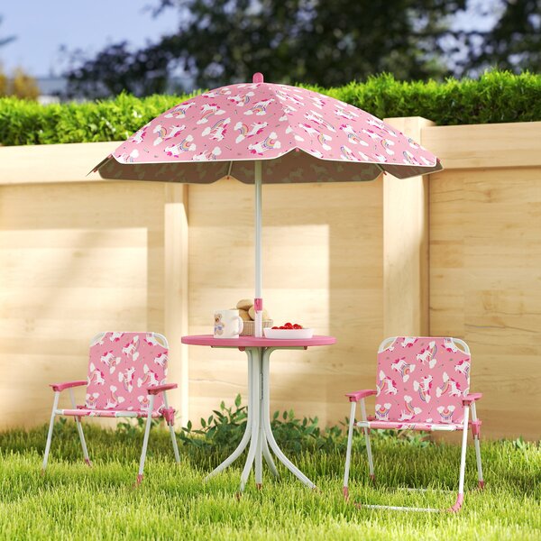 AIYAPLAY Masă de Picnic pentru Copii, Set Masă și Scaune cu 2 Scaune Pliabile și Umbrelă Detasabilă, Temă Junglă, Mobilier de Exterior pentru Grădină, Patio, Roz | Aosom Romania