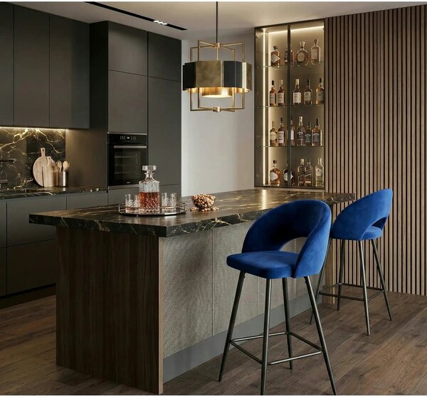 Scaun bar H96, albastru inchis/negru, stofa/otel, 48x49x89 cm
