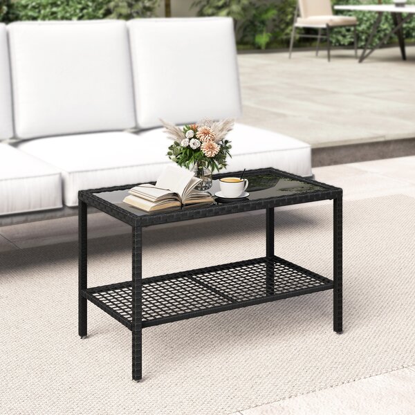 Outsunny Măsuță de Cafea din Ratan pe 2 Niveluri cu Raft, Blat din Sticlă Securizată, Măsuță de Exterior cu Cadru din Oțel, 92x50x45 cm, Negru | Aosom Romania