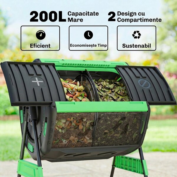 Compostor de Grădină Rotativ Outsunny 200L cu Cameră Dublă, Rotație 360°, Guri de Aerisire, Mănuși, din PP Fără BPA, pentru Compostare Deșeuri Organice din Bucătărie, Grădină și Curte | Aosom Romania