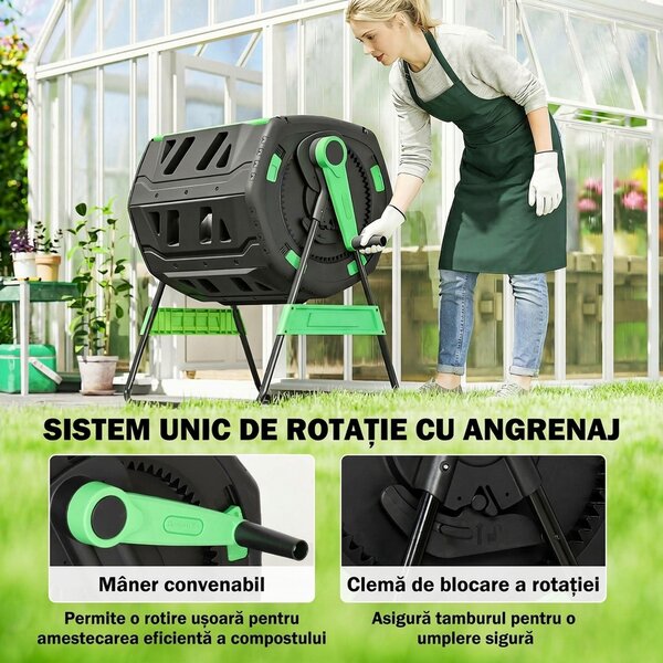 Compostor de Grădină Rotativ Outsunny 200L cu Cameră Dublă, Rotație 360°, Guri de Aerisire, Mănuși, din PP Fără BPA, pentru Compostare Deșeuri Organice din Bucătărie, Grădină și Curte | Aosom Romania
