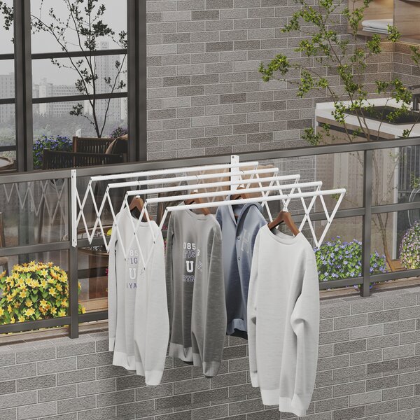 HOMCOM Uscător de Rufe Retractabil pentru Perete, Uscător Pliabil Economisitor de Spațiu din Metal pentru Interior și Exterior, 63,5x60x20 cm, Alb | Aosom Romania