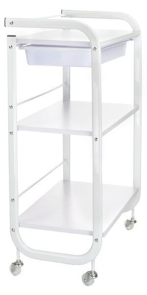 Suport etajat pentru cosmetice, rafturi lemn, roti transport, inaltime 84 cm, metal