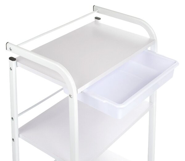Suport etajat pentru cosmetice, rafturi lemn, roti transport, inaltime 84 cm, metal
