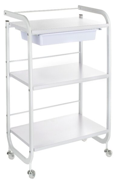 Suport etajat pentru cosmetice, rafturi lemn, roti transport, inaltime 84 cm, metal