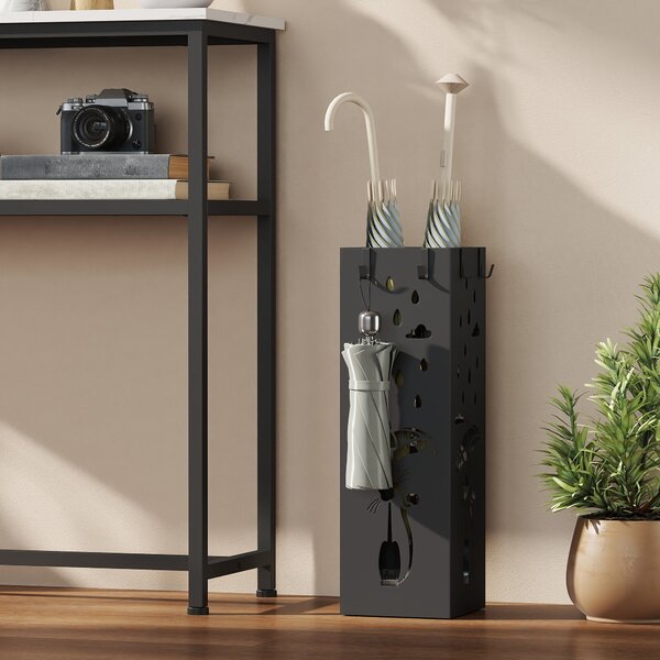 HOMCOM Suport de Umbrele Pătrat din Metal pentru Intrare, Suport Autoportant cu Tavă Detașabilă și 4 Cârlige, pentru Interior și Exterior, 15.5x15.5x49 cm, Negru | Aosom Romania