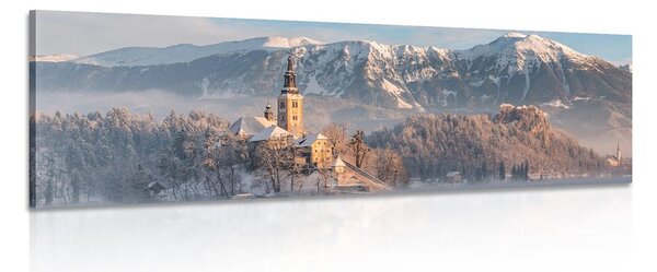 Tablou biserică lângă lac în Bled Slovenia