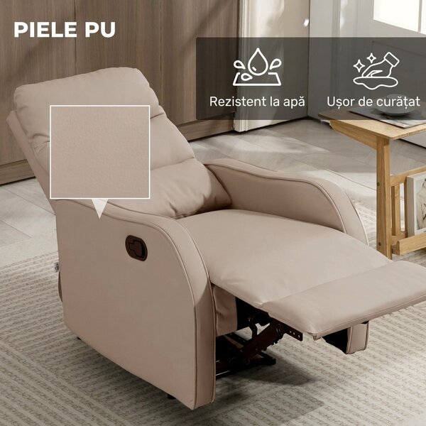 HOMCOM Fotoliu Reclinabil 160° cu Suport pentru Picioare, din Piele PU, Lemn și Oțel, 65x89x100 cm, Maro Deschis | Aosom Romania