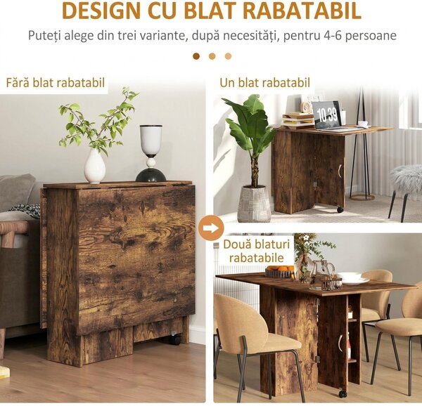 HOMCOM Masa Pliabila de Luat Masa, Masa cu Blaturi pentru Spatii Mici, cu Rafturi cu 2 Niveluri, Masa de Bucatarie Mica cu Rotile de Rulare | Aosom Romania